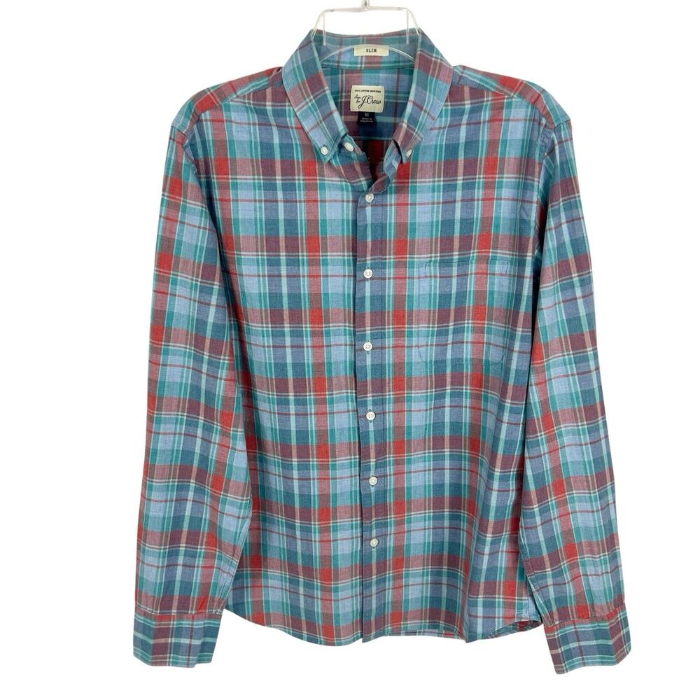 J Crew Slim 100% Cotton Shirting Blue Plaid Long Sleeve Button Shirt Men Medium